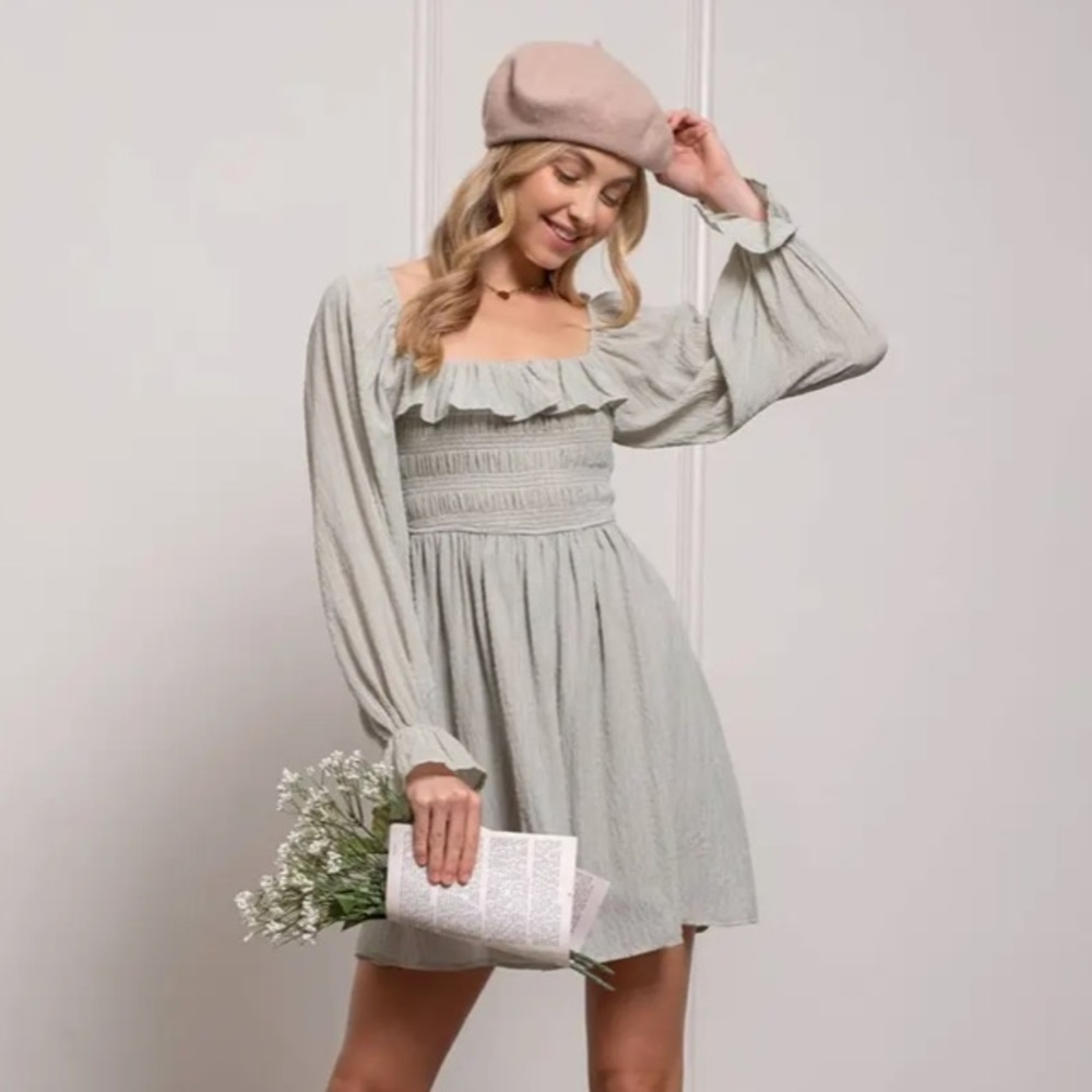 Smock square neck cuff ruffle sleeve dress